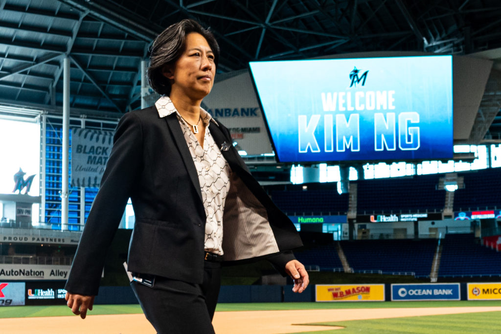 Kim Ng during a press conference on Nov. 16, 2020, at Marlins Park in Miami