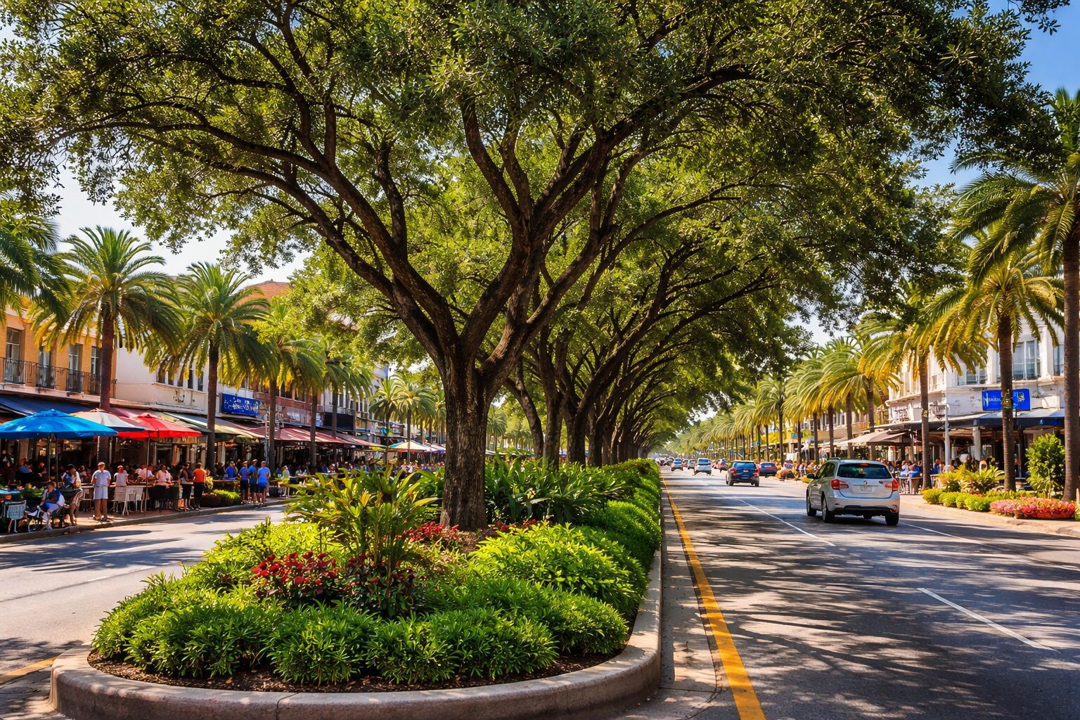 A sunny boulevard lined with palm trees and lush greenery, where cars drive by and people—including 2025’s Men of Influence and Women of Influence—dine at outdoor cafes on the sidewalk under colorful umbrellas. Lifestyle