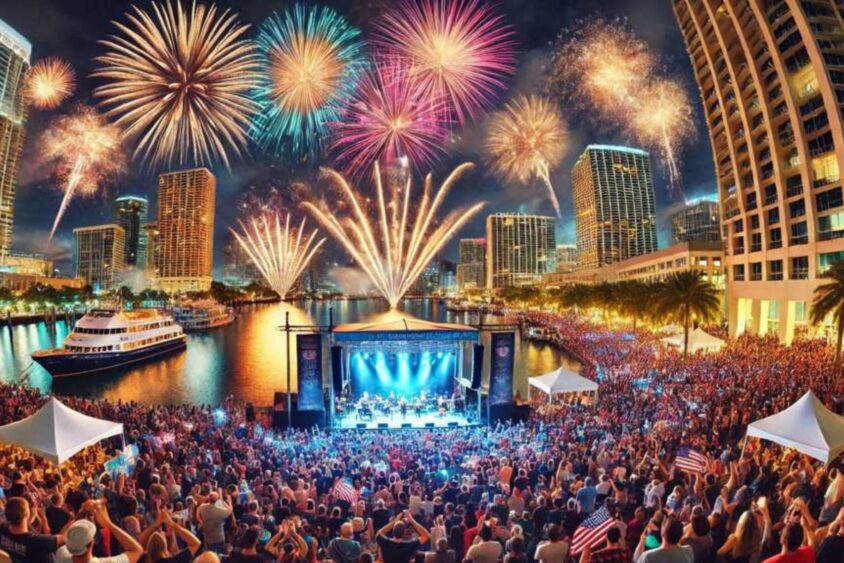 A large crowd enjoys a lively New Year’s Eve outdoor concert by the water in a city at night, with fireworks lighting up the sky above tall buildings and boats, creating a festive atmosphere reminiscent of CNN's annual celebration broadcasts. Lifestyle