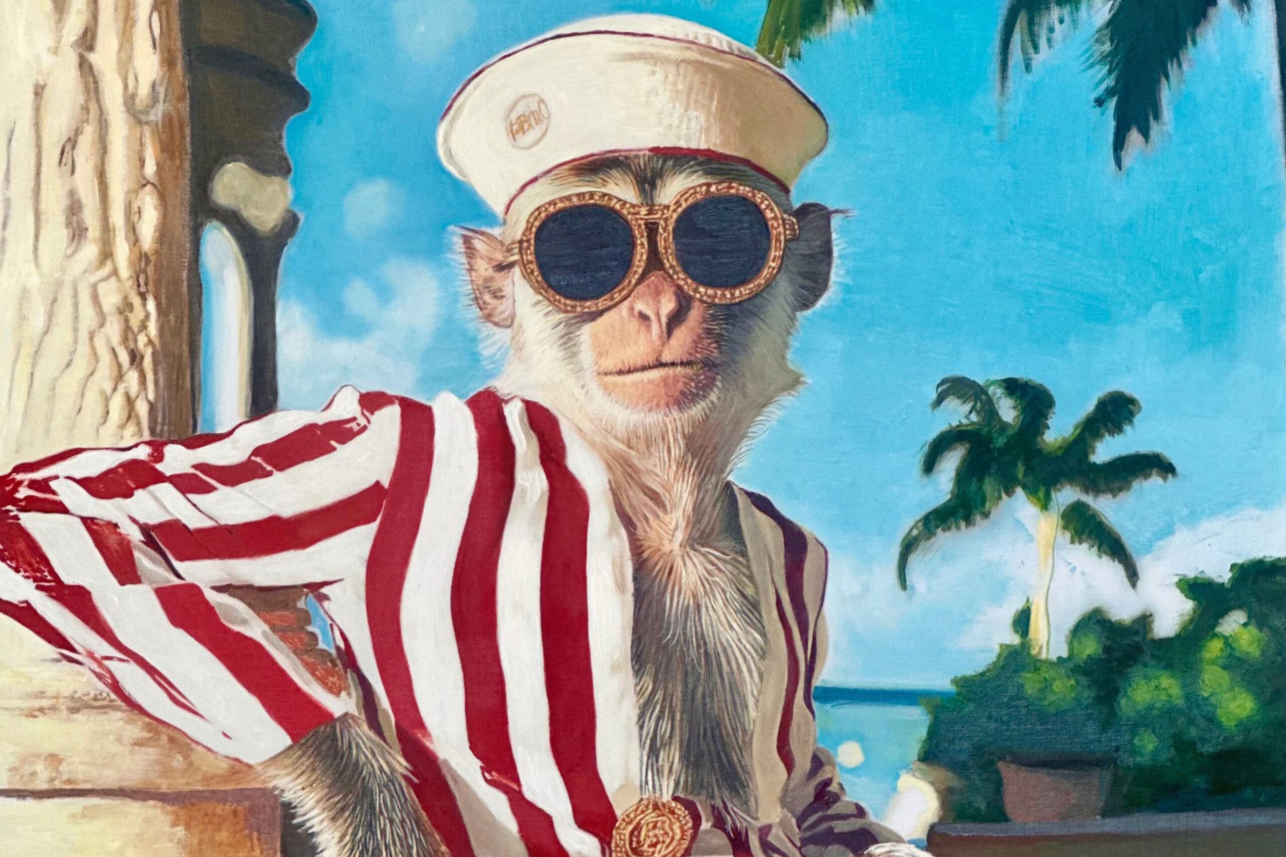 A monkey wearing round sunglasses, a white sailor hat, and a red-and-white striped jacket poses confidently against a tropical backdrop, perfectly capturing the Monkeying Around Palm Beach vibe with palm trees and blue sky. Lifestyle