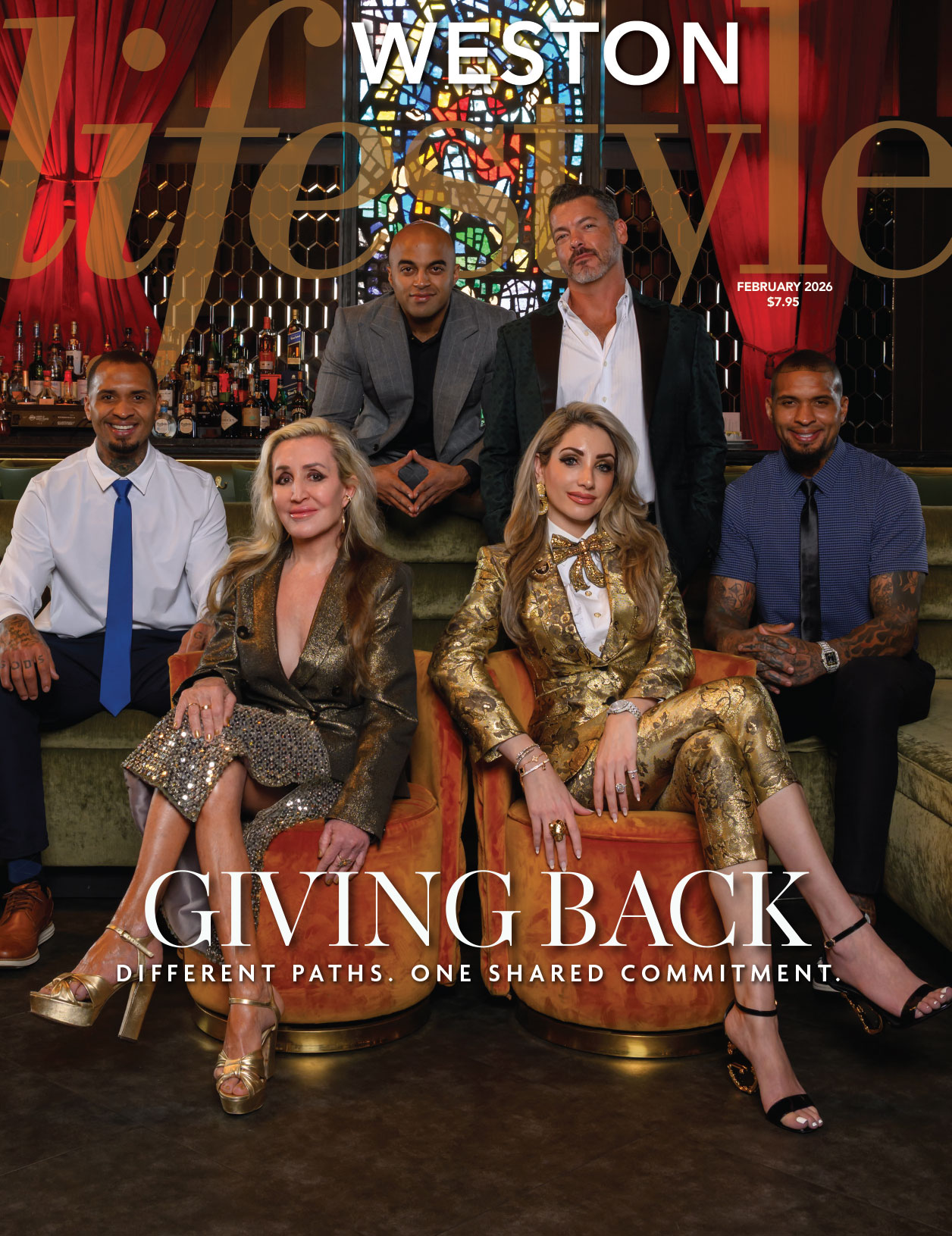 Six people pose together in elegant outfits inside a stylish lounge. Featuring in Weston Lifestyle, February 2026, two women sit in front on green couches, while four men stand and sit behind them beneath the headline: "Giving Back: Different paths. One shared commitment. Lifestyle