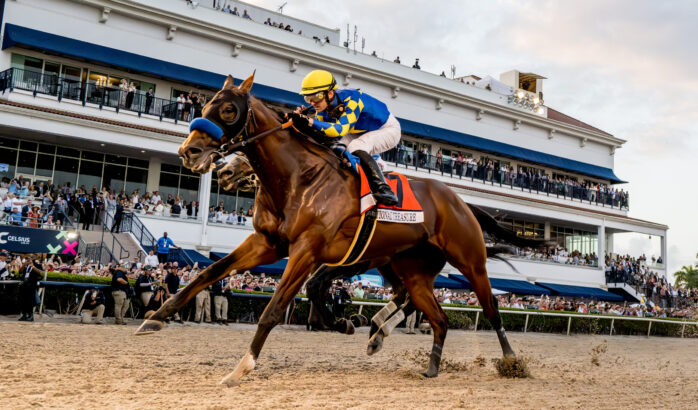 A jockey in blue and yellow silks rides a brown racehorse at Pegasus pace on a dirt track, with spectators watching from a grandstand in the background. Lifestyle