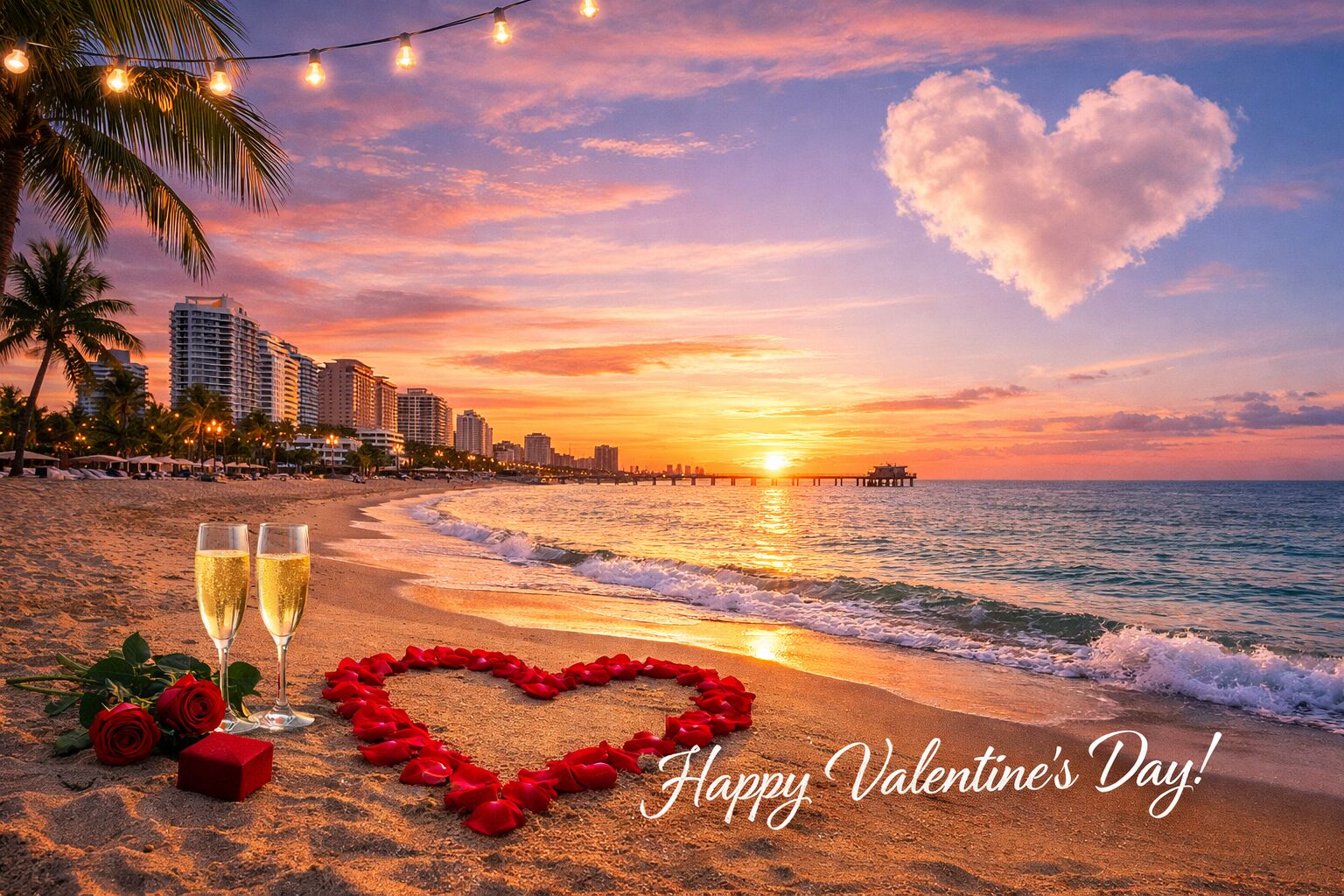 A romantic Valentine’s beach at sunset in Fort Lauderdale with a heart of rose petals in the sand, two champagne glasses, red roses, a gift box, city buildings, and a heart-shaped cloud. Text reads "Happy Valentine's Day!. Lifestyle