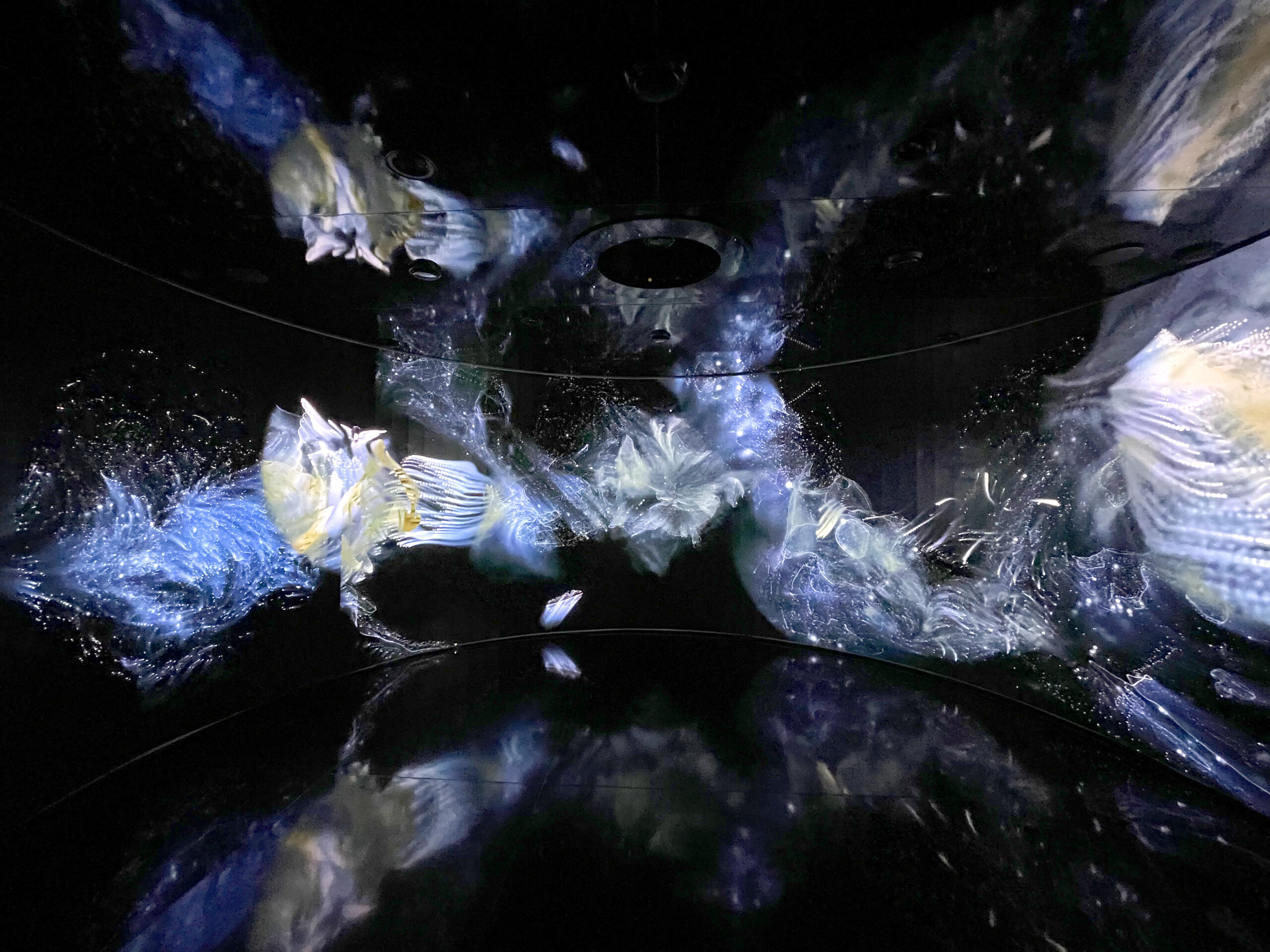 Abstract digital art with swirling blue, white, and yellow light patterns on a dark background, reminiscent of an immersive visual installation at the IGNITE Broward festival. Lifestyle