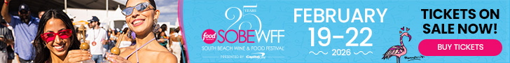 Banner for the Food Network & Cooking Channel South Beach Wine & Food Festival, February 19–22, 2020, with people smiling in sunglasses, event logo, and buttons to buy tickets. Lifestyle