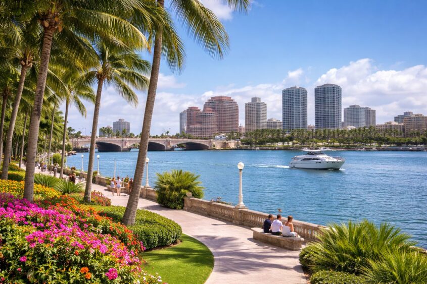 A scenic waterfront walkway in West Palm Beach lined with palm trees and colorful flowers, where people relax by the water. A yacht cruises on the blue water as city buildings rise in the background under a bright, partly cloudy winter sky. Lifestyle