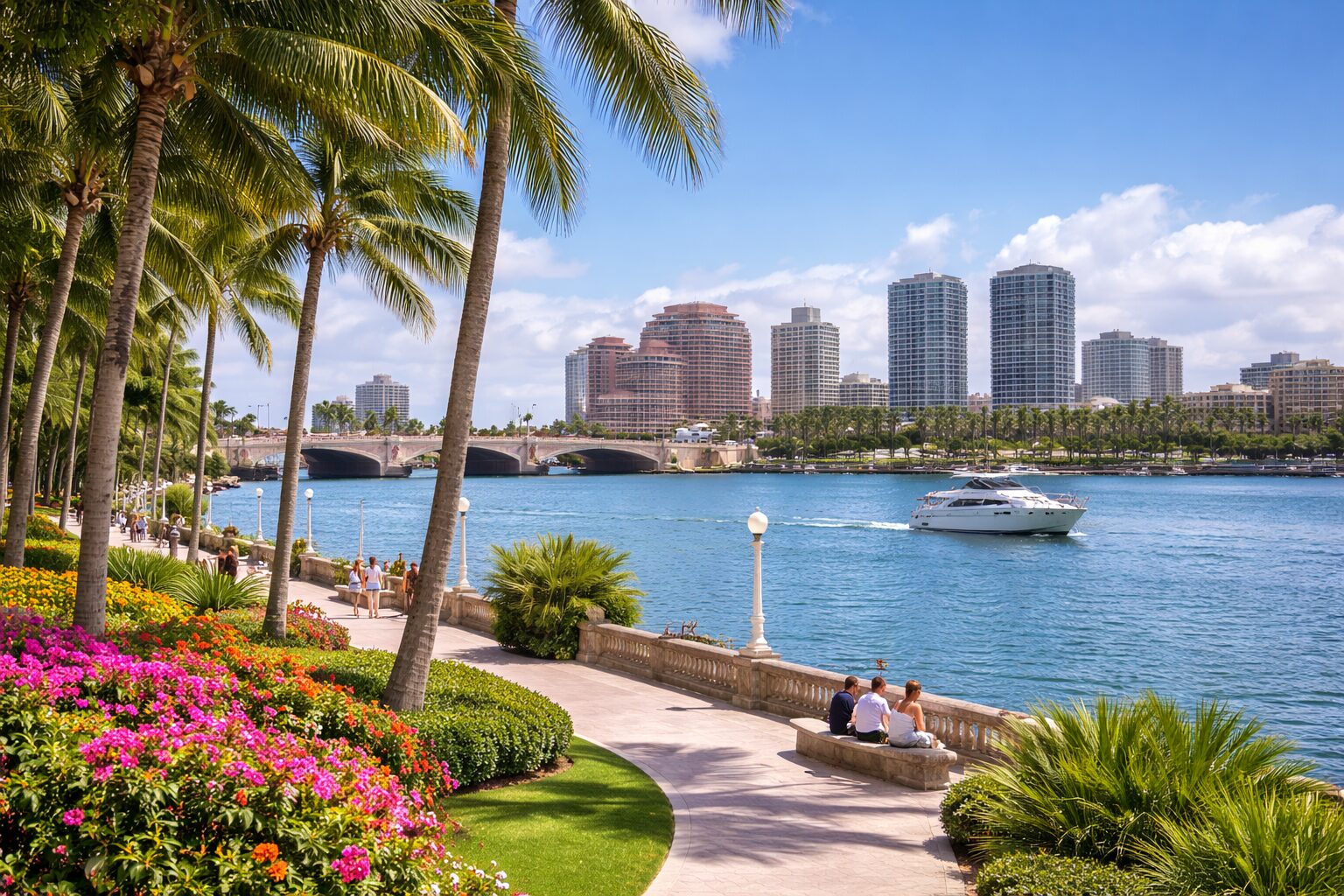 A scenic waterfront walkway in West Palm Beach lined with palm trees and colorful flowers, where people relax by the water. A yacht cruises on the blue water as city buildings rise in the background under a bright, partly cloudy winter sky. Lifestyle