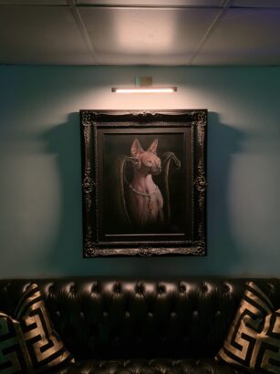 A framed painting titled "Flesh and Canvas" of a hairless Sphynx cat wearing a necklace hangs on a teal wall above a dark tufted leather sofa with two black and gold patterned pillows. A warm light illuminates the artwork. Lifestyle