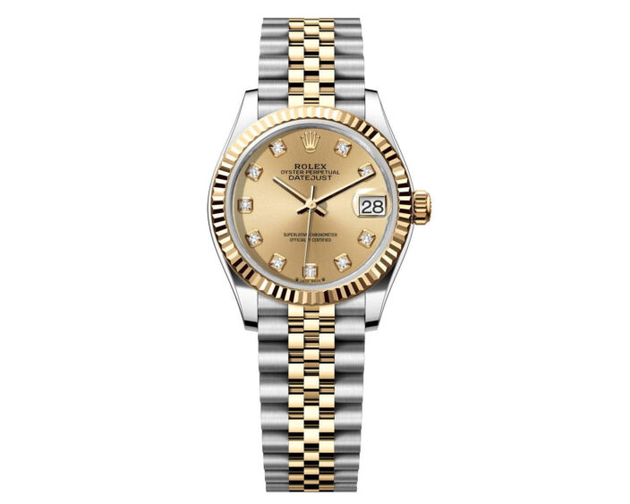 A two-tone Rolex Datejust watch with a gold fluted bezel, champagne dial, diamond hour markers, date window at 3 o'clock, and a silver and gold Jubilee bracelet—classic luxury blended with timeless wearable technology. Lifestyle
