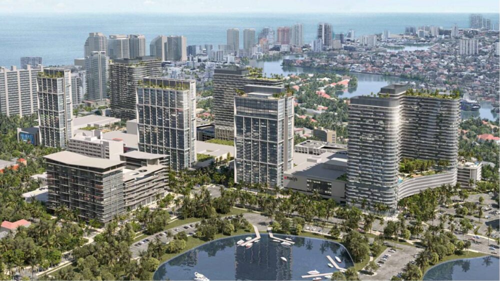 Aerial view of a reimagined coastal city with tall glass buildings, green rooftops, lush trees, and a marina near the Galleria, boats dotting the waterway, with the ocean and more high-rises in the background. Lifestyle