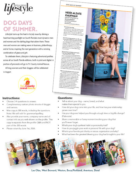 A magazine page features "Dog Days of Summer" with a photo of a woman and her dog on a couch—perfect for pet lovers. There’s a Q&A interview, animal rescue info, the Tricounty Animal Rescue logo, and Lifestyle magazine covers at the bottom. Lifestyle