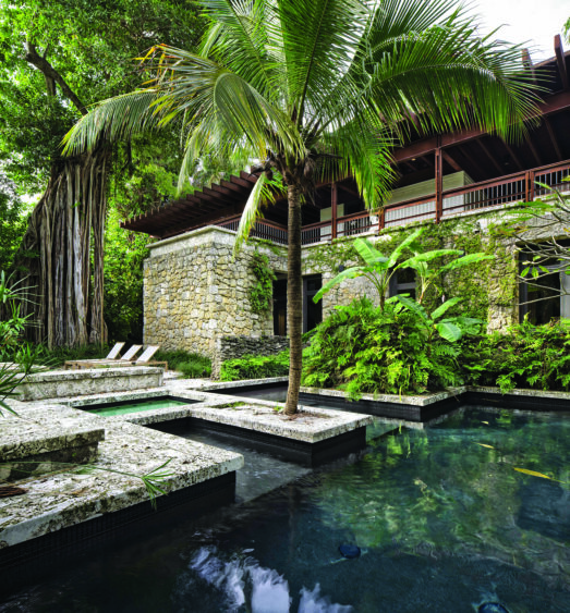 A tropical garden features Florida-inspired architecture, with a stone building and wooden balcony surrounded by lush plants. In the foreground, a palm tree grows beside a clear pool with stone steps and two lounge chairs. Lifestyle