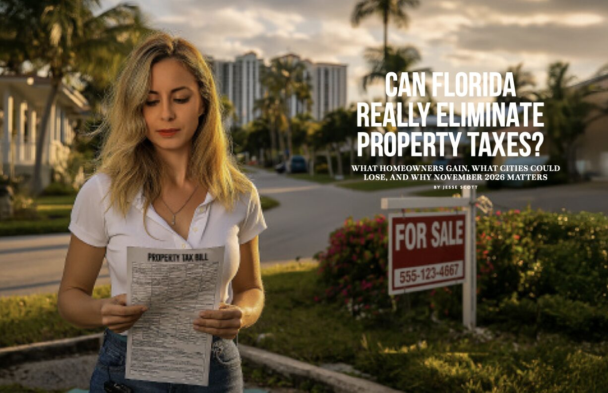 A woman stands outdoors holding a property tax bill, with palm trees, a lawn for sale sign, and tall buildings in the background. Text asks if Florida tax reform could really eliminate property taxes. Lifestyle
