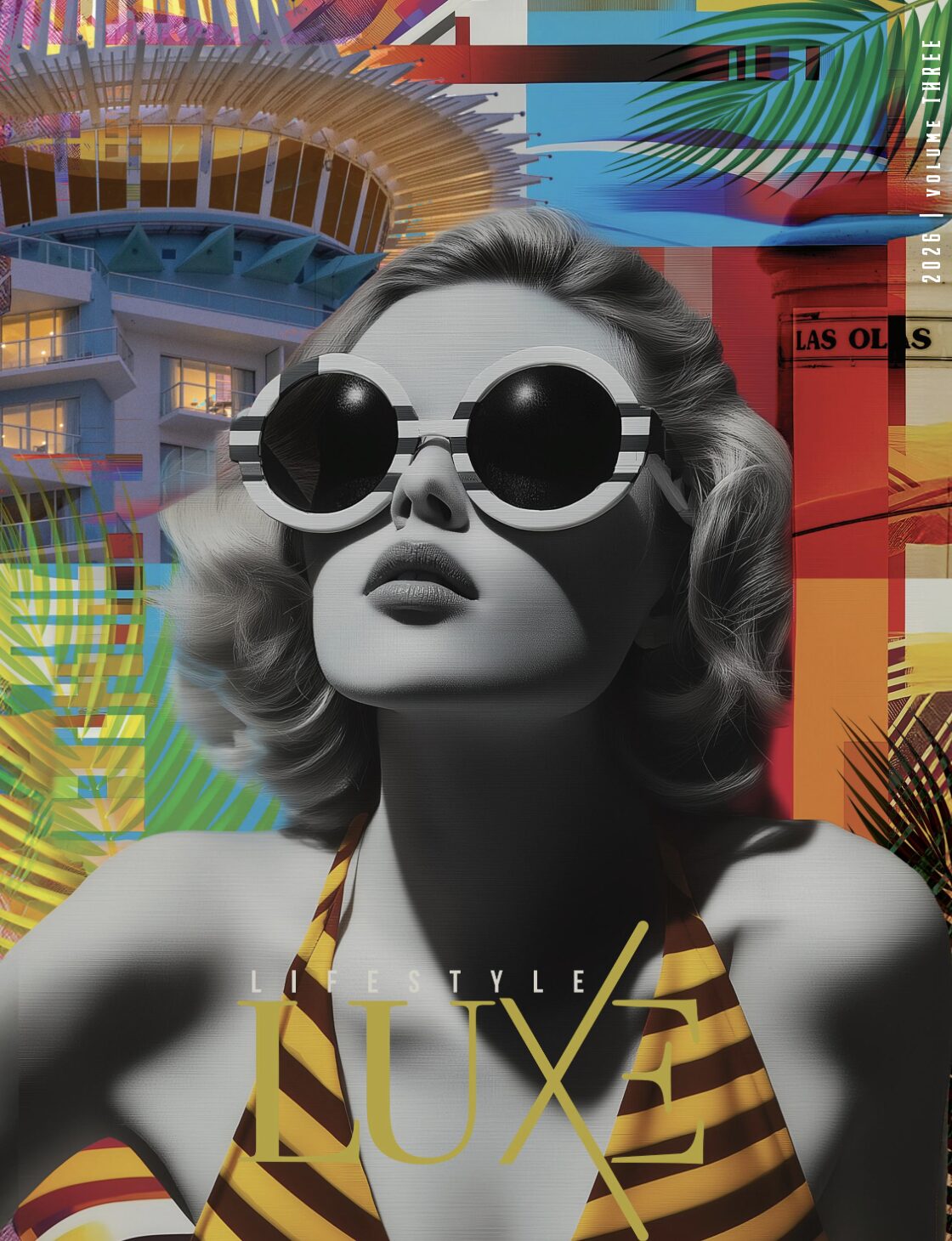 A stylish woman in bold striped sunglasses and a swimsuit poses confidently against a vibrant, retro lifestyle backdrop with palm leaves, colorful geometric shapes, and an art deco building. The word "LUXE" appears at the bottom. Lifestyle