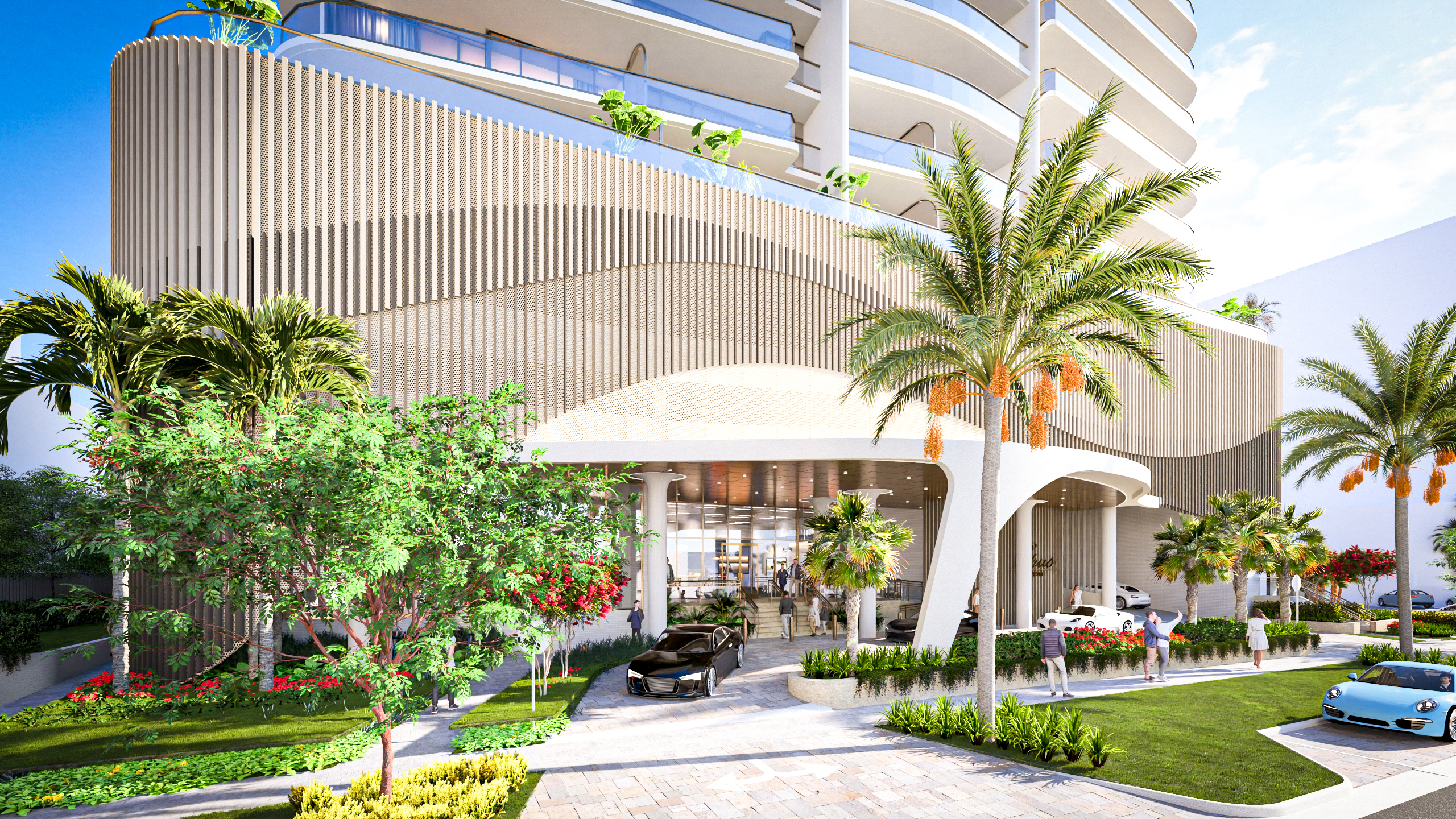Modern luxury building entrance with curved architectural design at Opus, featuring tall glass doors, palm trees, landscaped gardens, parked cars, and a bright, sunny sky above. Lifestyle