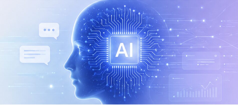 Digital illustration of a human head with a glowing AI microchip in the center, surrounded by circuit lines and floating chat and data icons—designed to capture attention and reflect the cutting-edge technology of 2026. Lifestyle