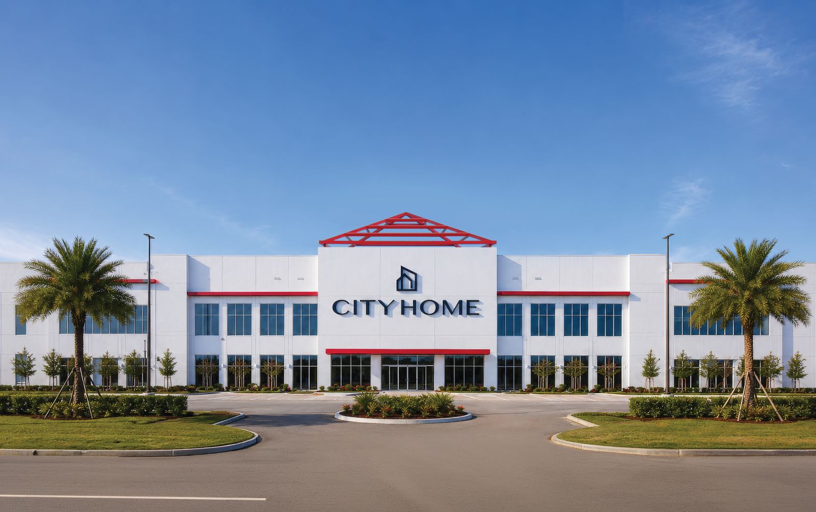 A large, modern white building with the words "City Home" on the front, marking where City Furniture rebrands to City Home, is flanked by tall palm trees and features a red roof detail and many windows under a clear blue sky. Lifestyle