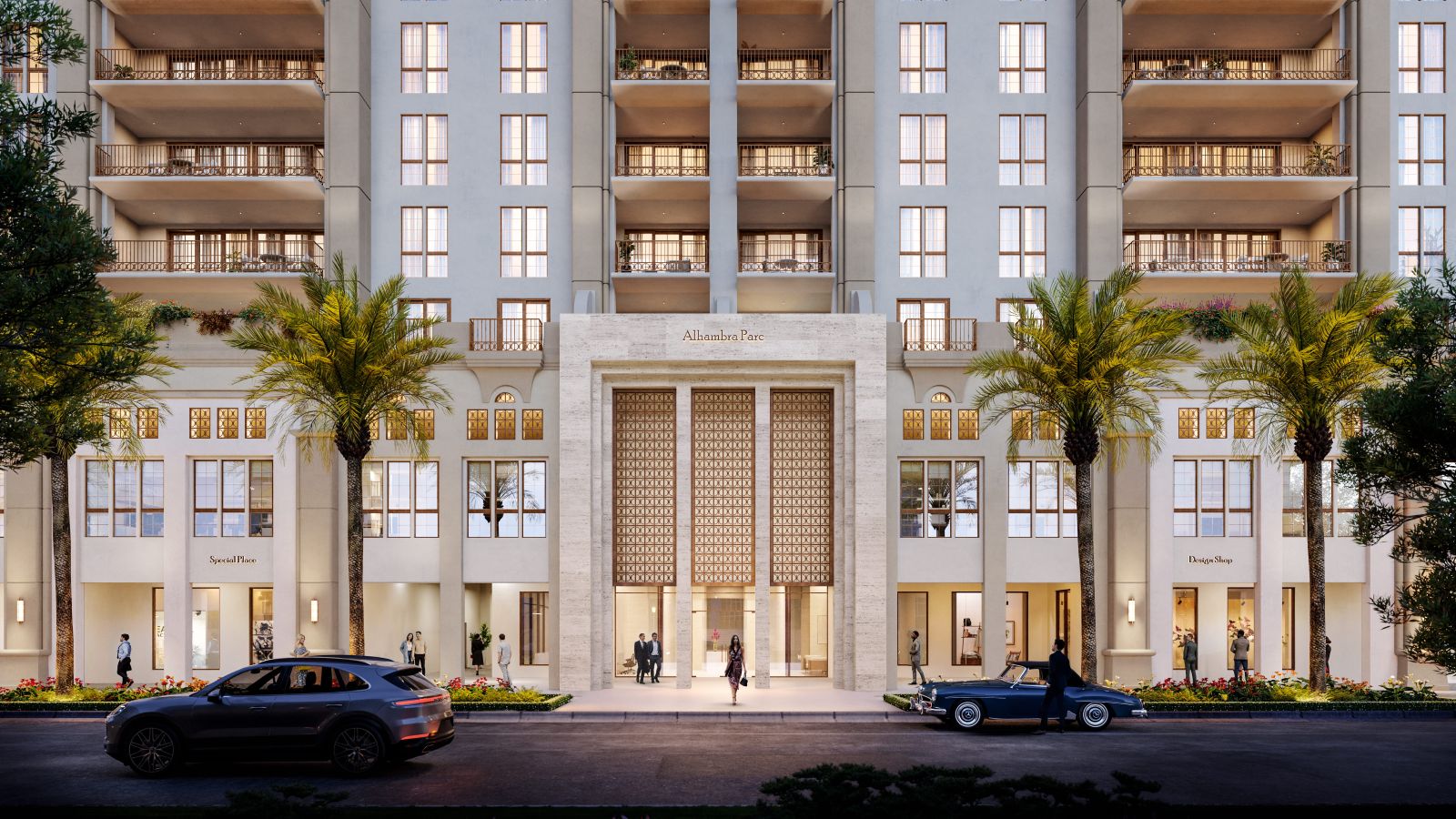 A grand, elegant Coral Gables building entrance with tall columns, large windows, palm trees, and a luxury car parked in front. People walk near the illuminated doorway and ground-level shops in this modern mixed-use condominium setting. Lifestyle