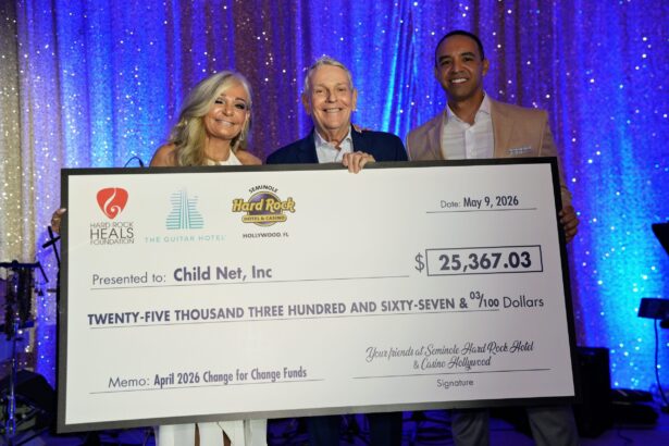 Three people smile and hold a $25,367.03 check for Child Net, Inc., from the Hard Rock Heals Foundation, with a glittering backdrop—celebrating as ChildNet hosts its inaugural Ripple Effect Gala. Lifestyle