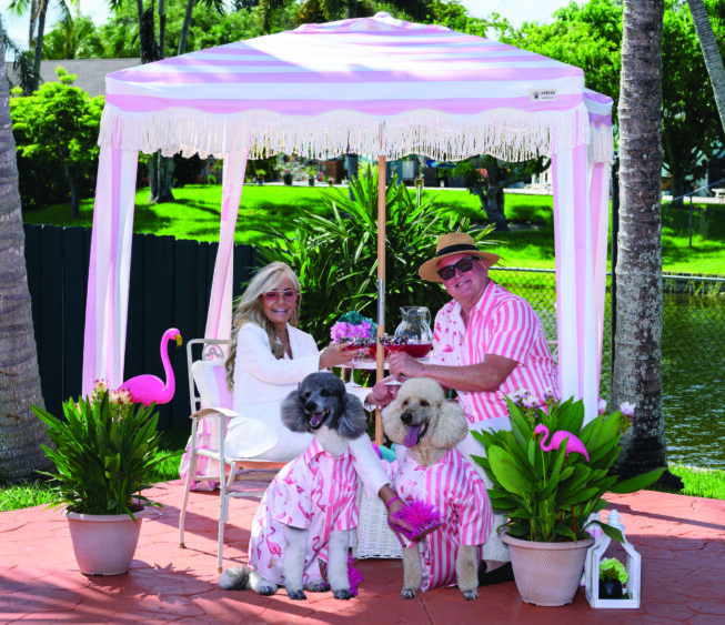 An older couple in pink and white outfits sit under a pink-striped canopy, enjoying tea with two poodles in matching clothes during the Dog Days of Summer. Pink flamingo decorations and lush greenery surround them. Lifestyle