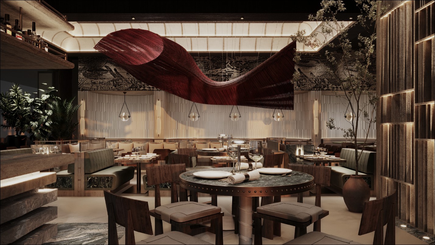 Elegant restaurant interior with wooden tables and cushioned chairs, set for dining. At Naia in Fort Lauderdale, a dramatic red fabric sculpture hangs from the ceiling, with warm lighting, plants, and artistic wall details creating a cozy, upscale atmosphere. Lifestyle