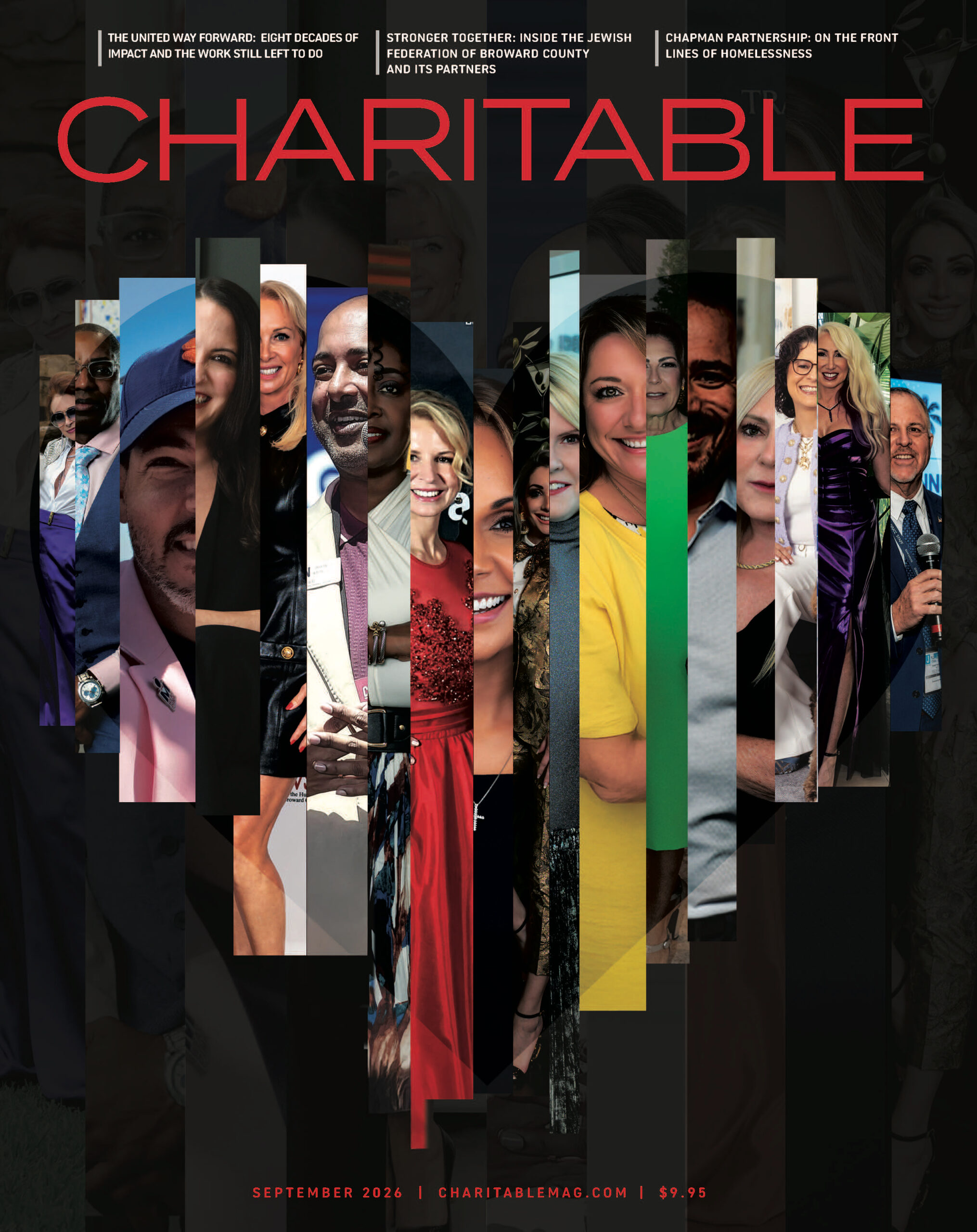 A cover for Charitable Magazine titled “Charitable” features a collage of diverse people smiling, dressed in formal attire. Vertical stripes create a modern, layered effect across the layout. Text bars appear at the top with Charitable Magazine details neatly placed at the bottom. Lifestyle