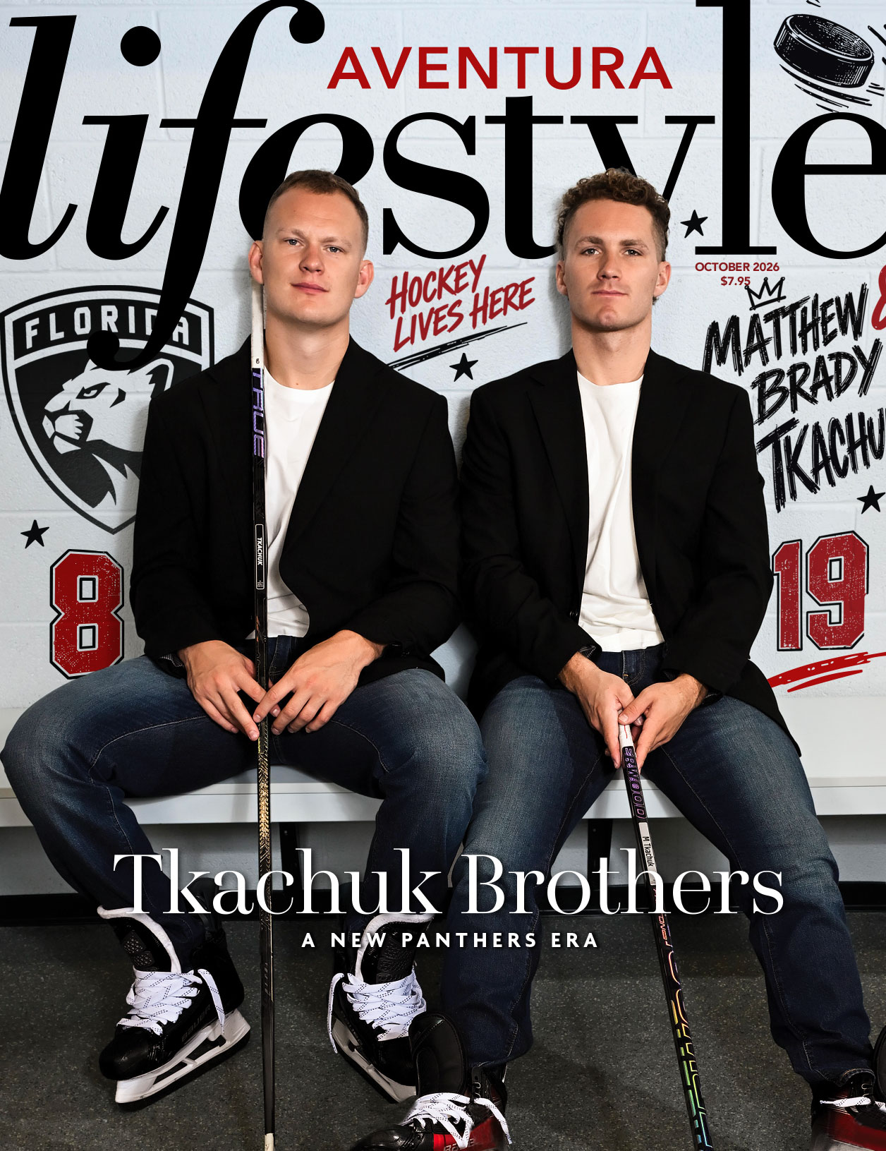 On the October 2026 cover of Aventura Lifestyle magazine, two men in blazers and jeans sit holding hockey sticks against a Florida Panthers hockey-themed background, with the bold headline “Tkachuk Brothers: A New Panthers Era” capturing the excitement of this new chapter. Lifestyle