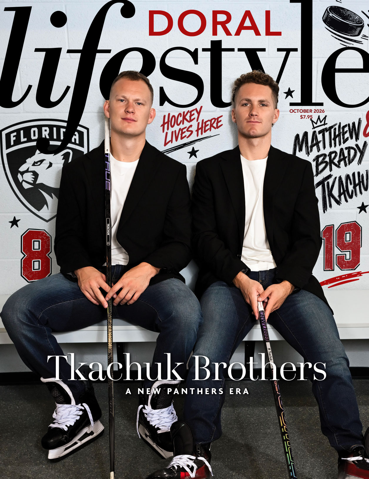 Two men in black blazers and jeans sit side by side holding hockey sticks. Behind them is a hockey-themed backdrop featuring “DORAL Lifestyle” and “Tkachuk Brothers” text alongside a Florida Panthers logo, creating an exciting atmosphere for this October 2026 spotlight. Lifestyle