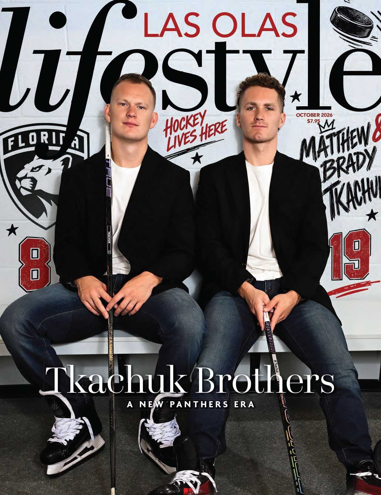 Two men in black blazers and jeans sit side by side holding hockey sticks on a magazine cover. The background features hockey graphics and the text “Tkachuk Brothers: A New Panthers Era,” capturing the spirit of Las Olas Lifestyle. This October 2026 issue shines a spotlight on the dynamic duo leading the Panthers into an exciting new chapter. Lifestyle