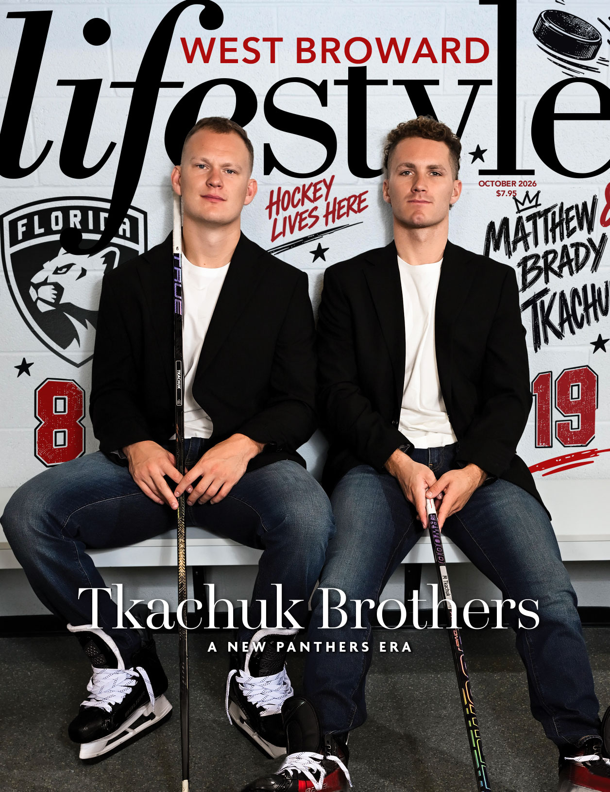 Two men in black blazers and sneakers sit with hockey sticks in front of a wall featuring hockey graphics. The October 2026 magazine cover reads “West Broward Lifestyle” and “Tkachuk Brothers: A New Panthers Era.”. Lifestyle