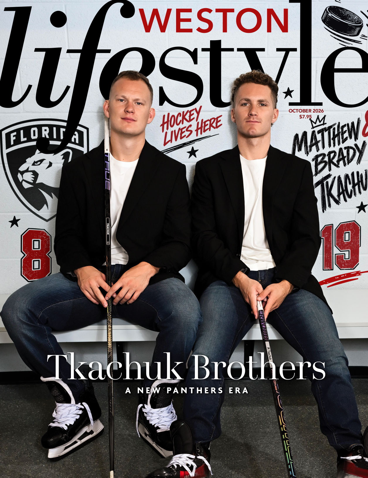 Two men in black blazers, white shirts, and jeans sit on stools holding hockey sticks in front of a wall with Florida Panthers and hockey graphics. The text reads “Tkachuk Brothers: A New Panthers Era.” This October 2026 feature captures the spirit of Weston Lifestyle as the brothers usher in an exciting new chapter for the team. Lifestyle