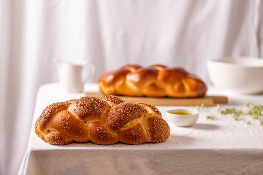 A loaf of fresh braided challah bread with sesame seeds sits on a white tablecloth, with another loaf, a small bowl of oil, and a cup in the blurred background. Lifestyle