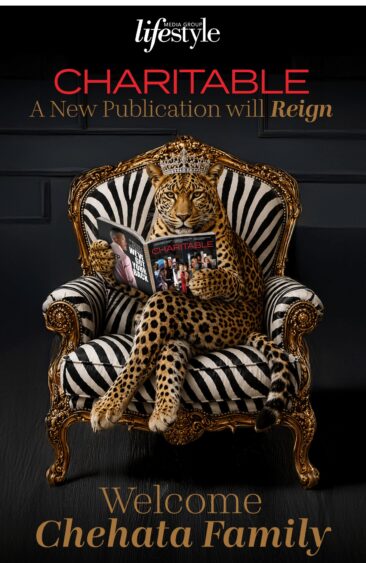 A leopard sits on a zebra-print armchair, holding a magazine titled “Charitable.” Text above reads, “CHARITABLE: A New Publication will Reign.” Celebrating the charitable launch among Fort Lauderdale Professionals, text below says, “Welcome Chehata Family.”. Lifestyle