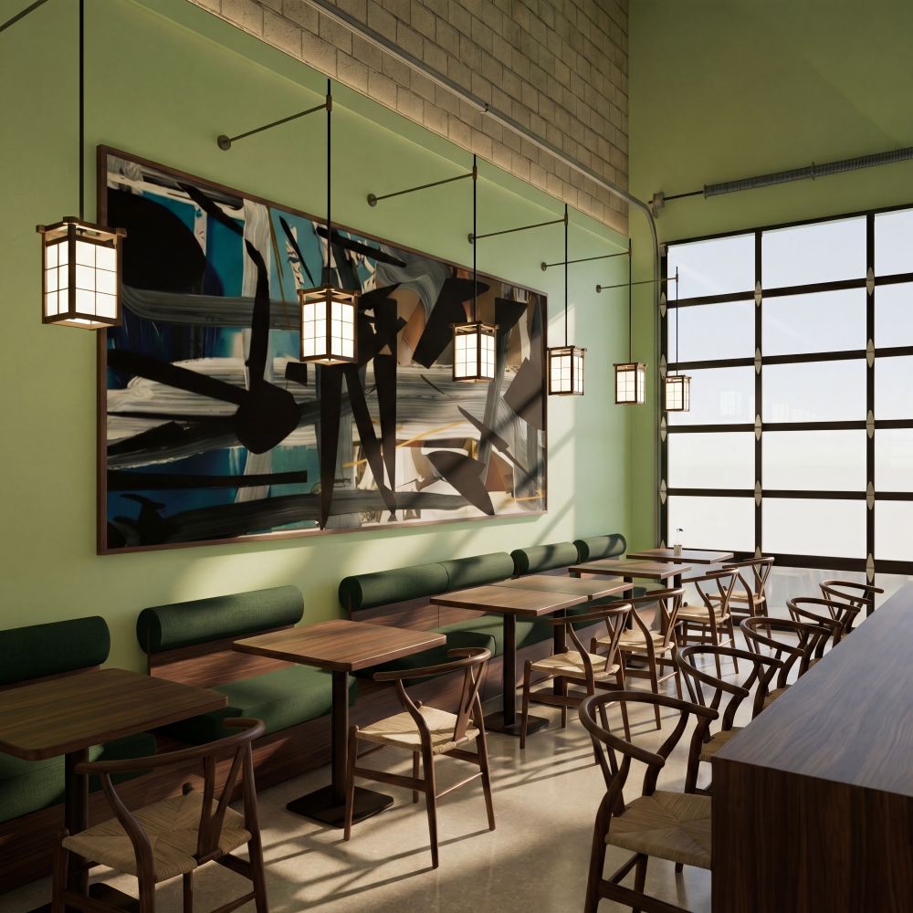 A modern cafe interior with green walls, abstract art, wooden tables and chairs, hanging pendant lights, and a large garage-style window letting in natural light—a welcoming space inspired by the creativity of Michelin-starred restaurant chefs and their remarkable talents. Lifestyle