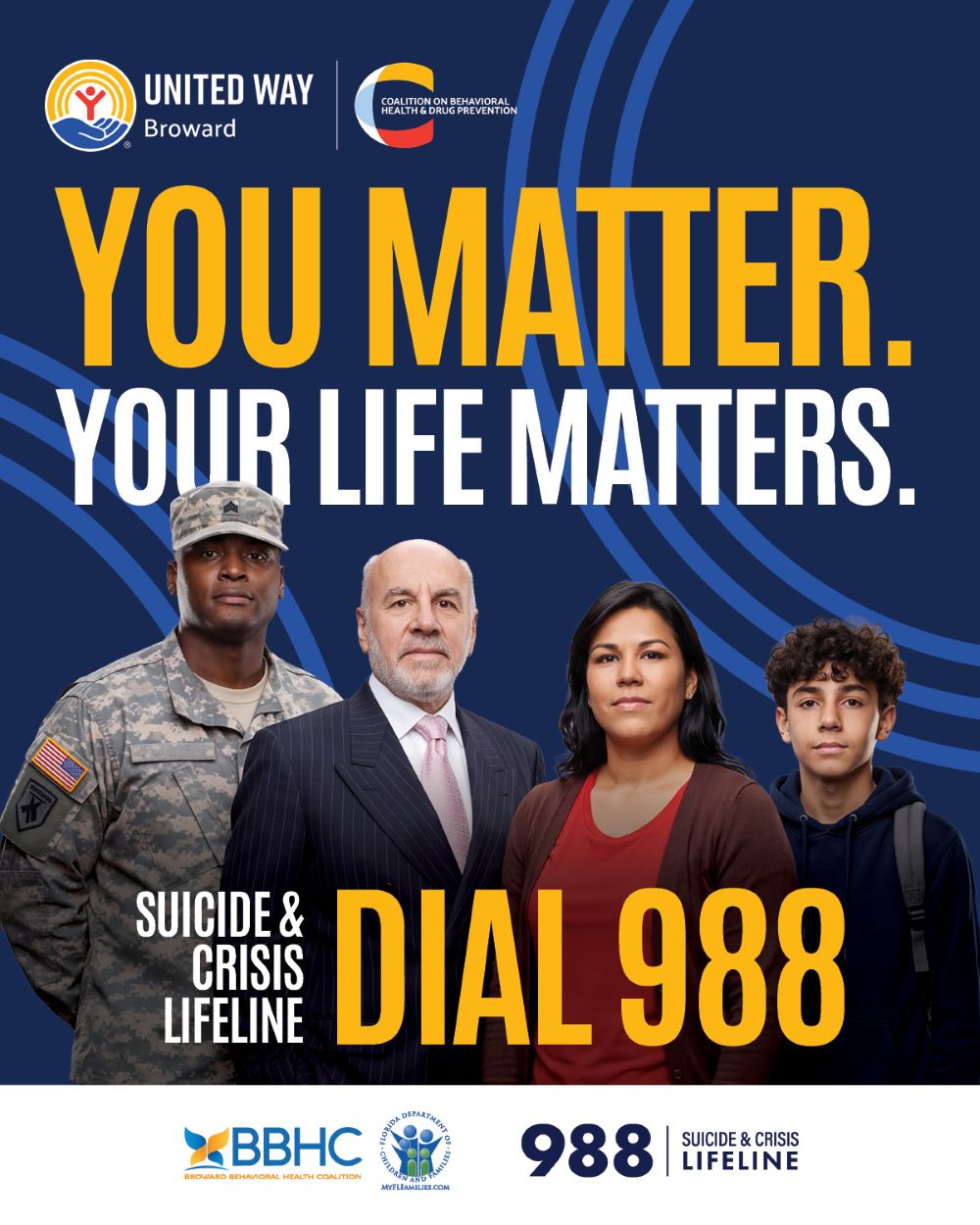 Four diverse individuals stand together. Large text reads “You matter. Your life matters. Suicide & Crisis Lifeline. Dial 988.” United Way Broward and partner logos appear above, with crisis lifeline and sponsor info below. Lifestyle