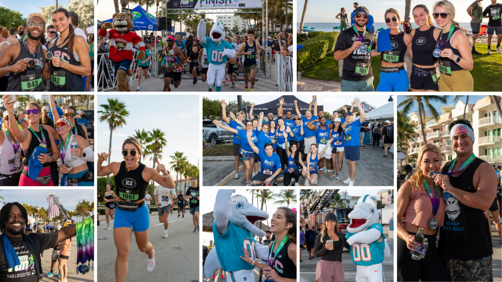 A collage of runners celebrating at Dunn’s Run, racing for a cause as they pose with medals, friends, and mascots on a sunny day near palm trees and the Deerfield Beach shoreline. Lifestyle