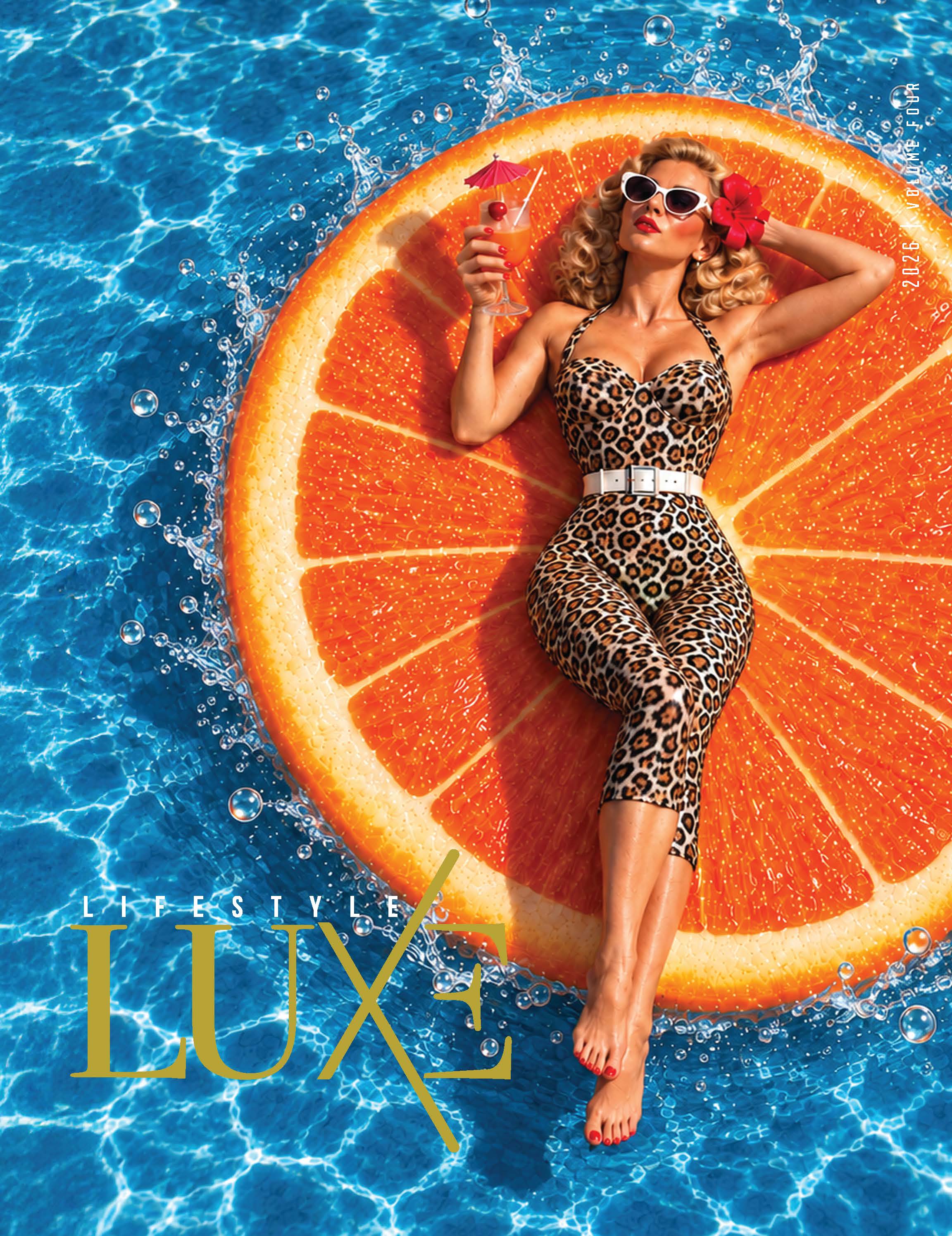 A woman in a leopard-print swimsuit and white sunglasses reclines on a giant orange slice pool float with a cocktail in this luxe lifestyle scene. Lifestyle