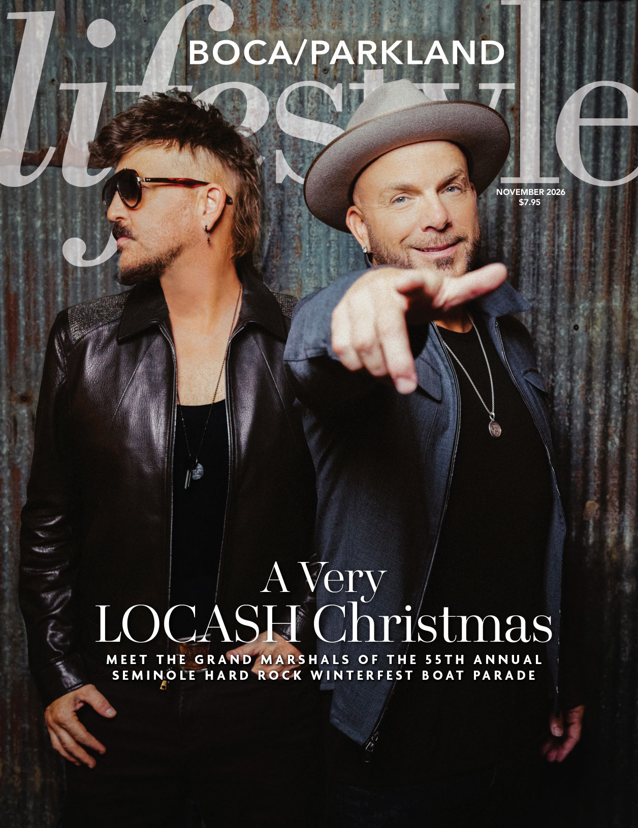 Boca Lifestyle magazine cover featuring country music duo LOCASH, with the headline “A Very LOCASH Christmas” and text announcing them as Grand Marshals of the 55th Annual Seminole Hard Rock Winterfest Boat Parade in Parkland. Lifestyle