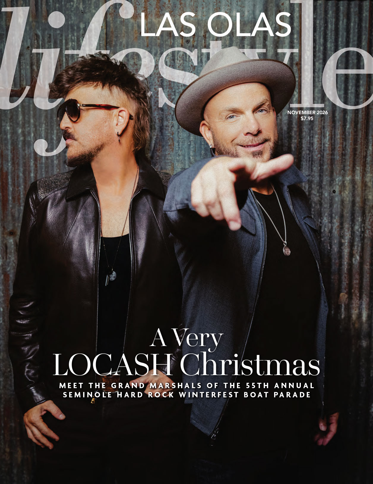 Las Olas Lifestyle magazine cover featuring country duo LOCASH, with text reading “A Very LOCASH Christmas” and “Meet the grand marshals of the 55th annual Seminole Hard Rock Winterfest Boat Parade” for the November 2026 issue. Lifestyle